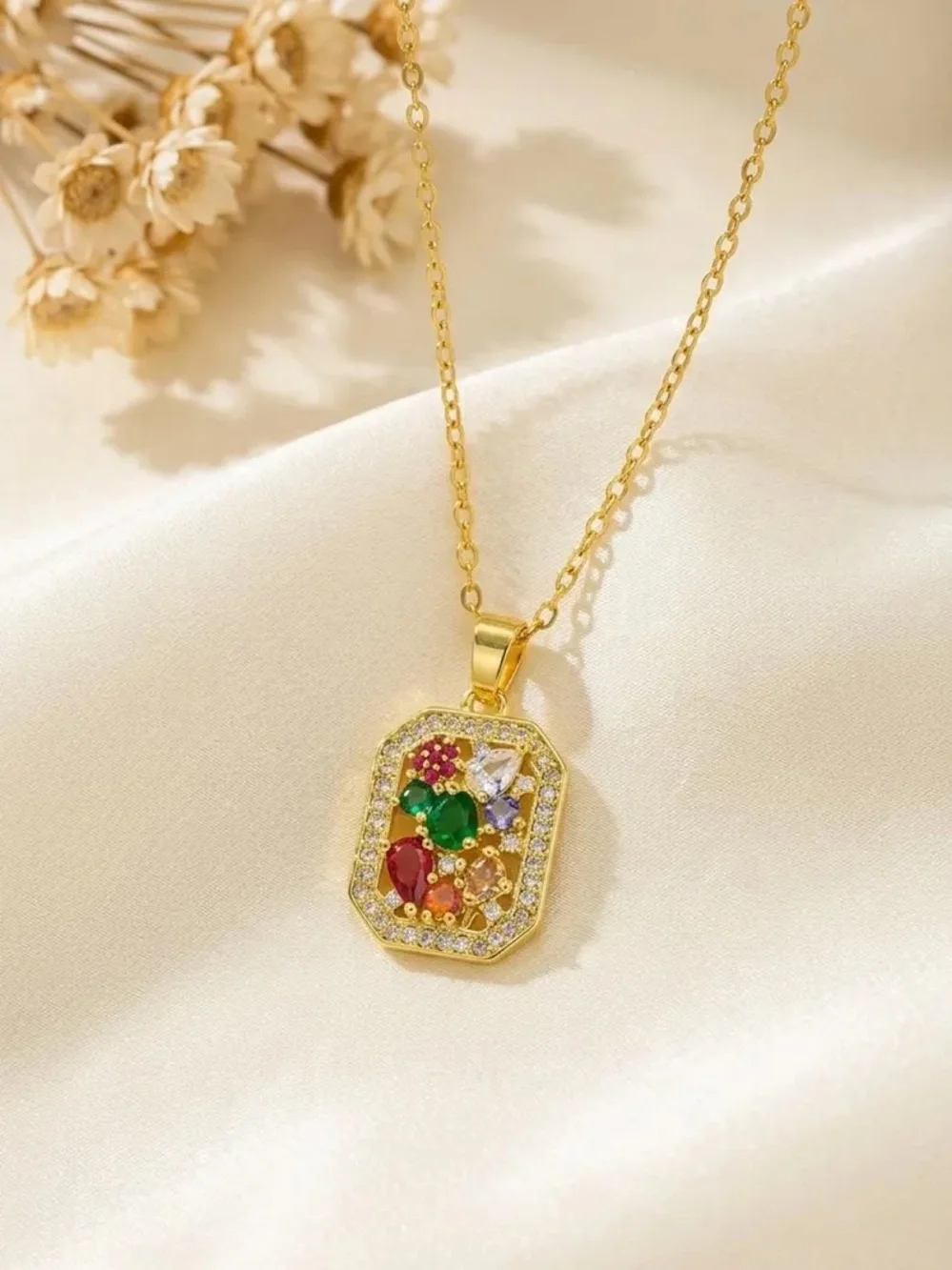 18K Gold Plated Colorful Zircon Necklace for Women, Rainbow Gemstone Pendant